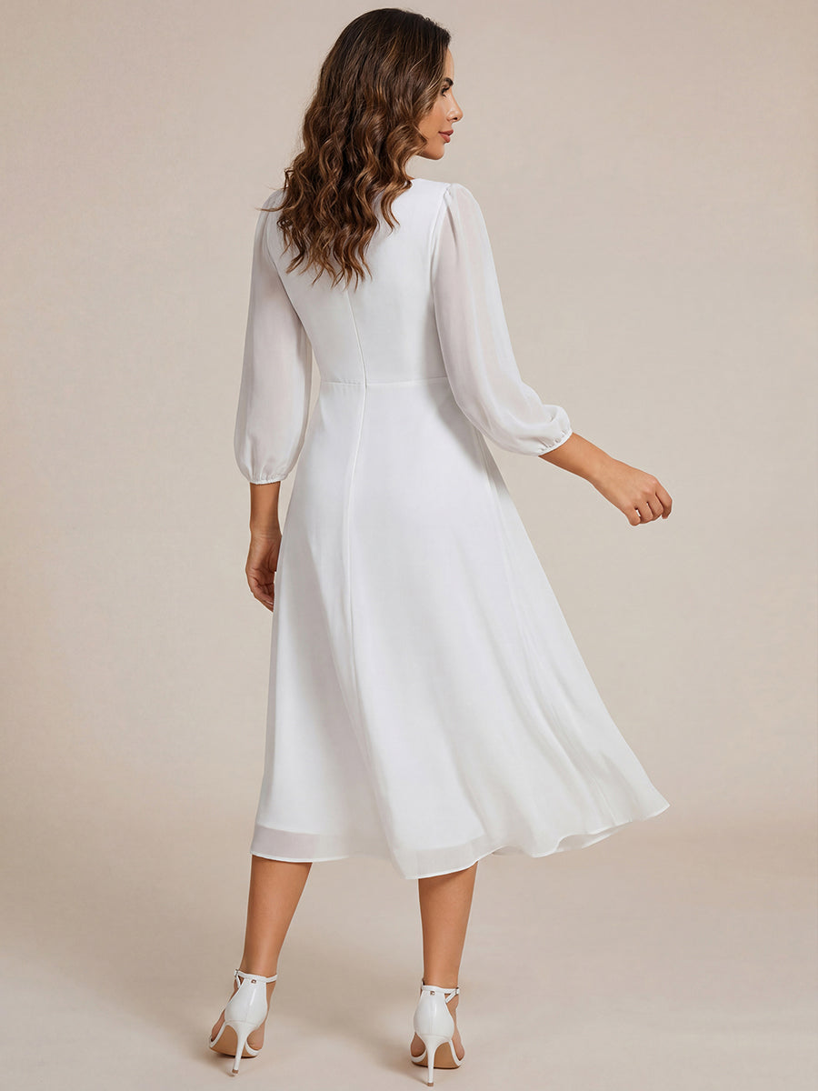 Long Sleeves Asymmetrical Hem A-Line Midi Wedding Guest Dress #color_White