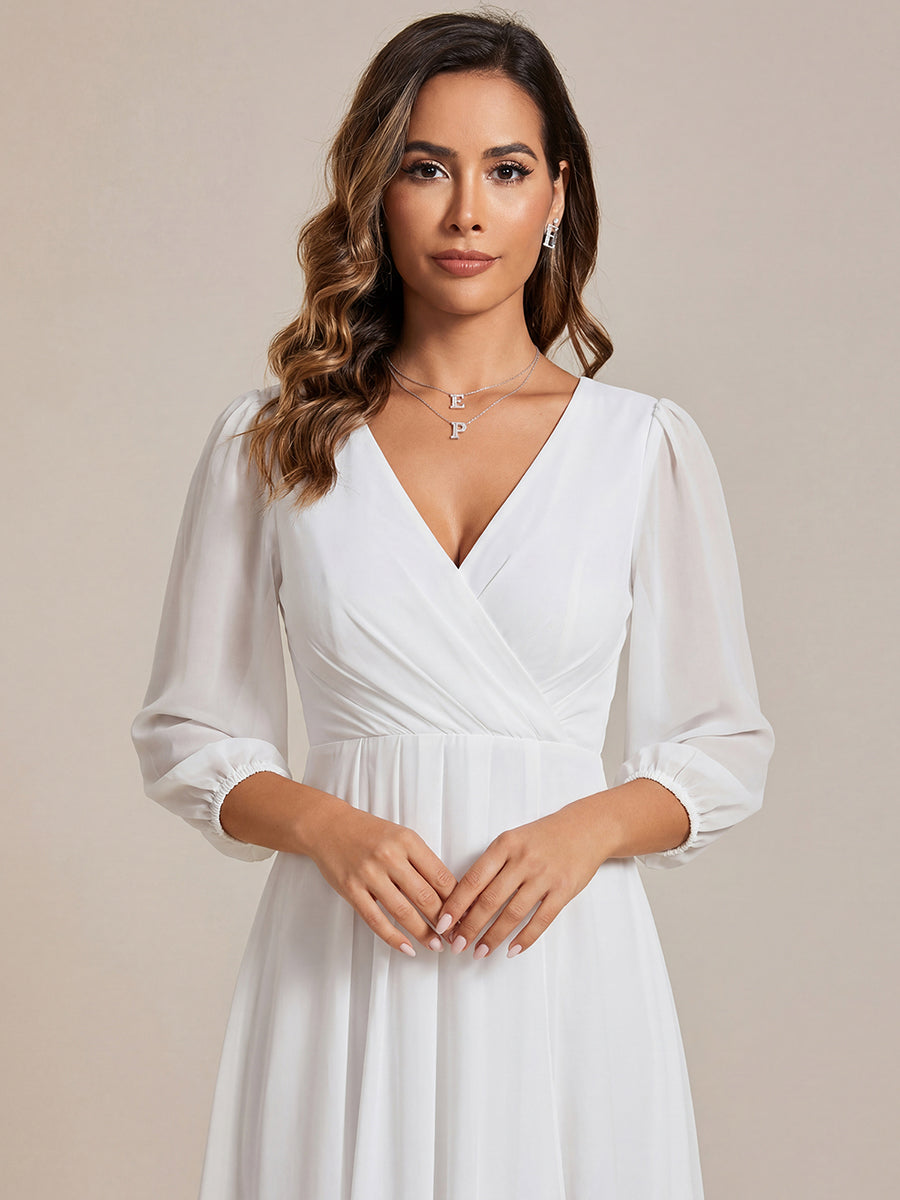 Long Sleeves Asymmetrical Hem A-Line Midi Wedding Guest Dress #color_White