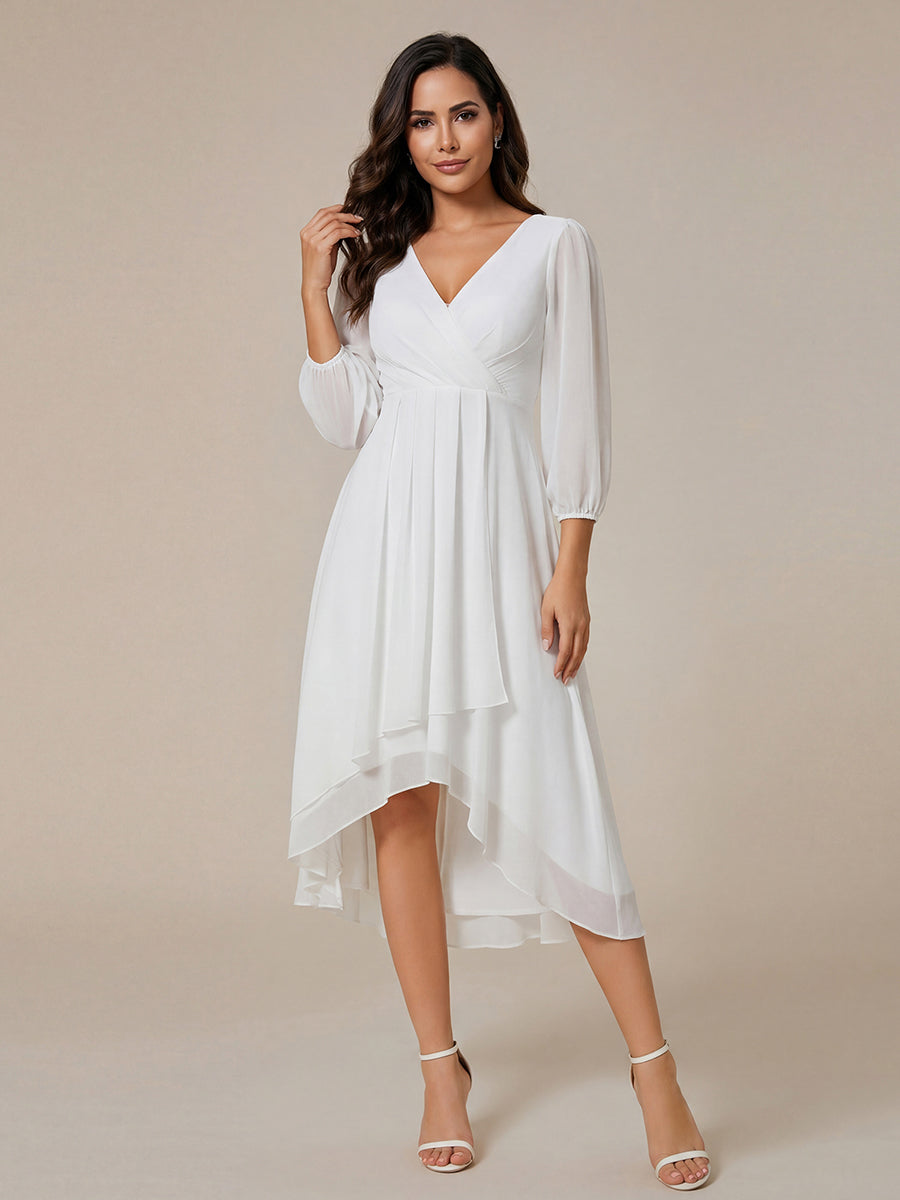 Long Sleeves Asymmetrical Hem A-Line Midi Wedding Guest Dress #color_White