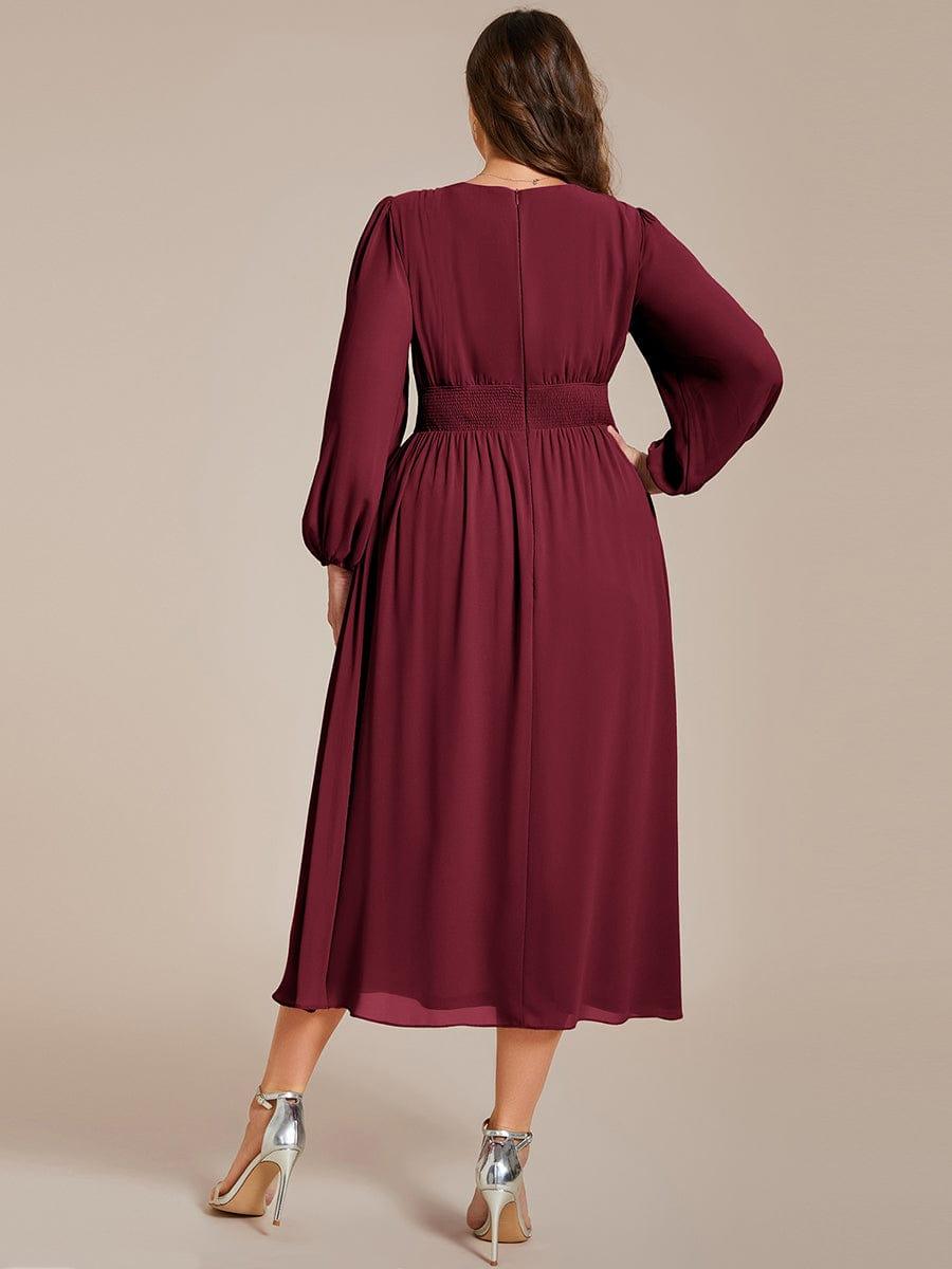 Chiffon V-Neck Long Sleeves Elastic Band Midi Wedding Guest Dress #color_Burgundy