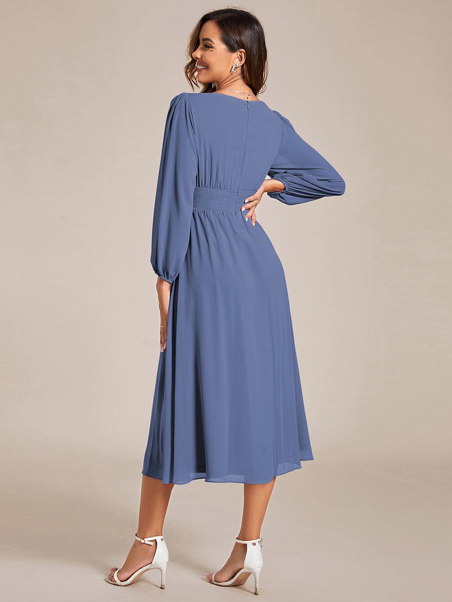 Chiffon V-Neck Long Sleeves Elastic Band Midi Wedding Guest Dress #color_Dusty Blue