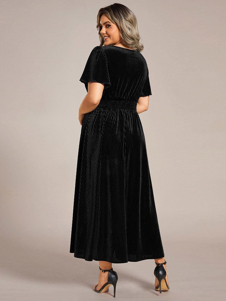 V-Neck Waist Pleated Design Short Sleeves Fall Velvet Midi Evening Dress #color_Black