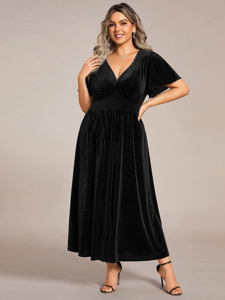 V-Neck Waist Pleated Design Short Sleeves Fall Velvet Midi Evening Dress #color_Black