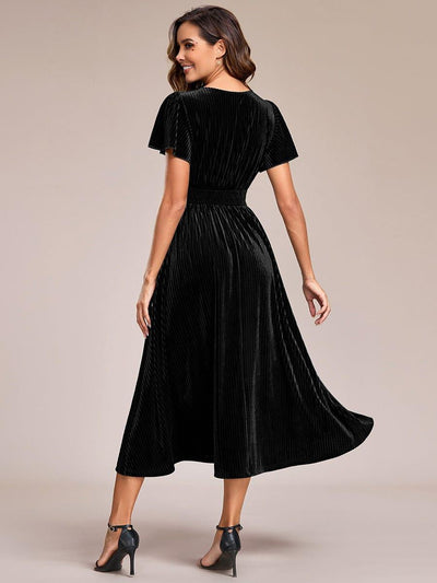 V-Neck Waist Pleated Design Short Sleeves Fall Velvet Midi Evening Dress #color_Black