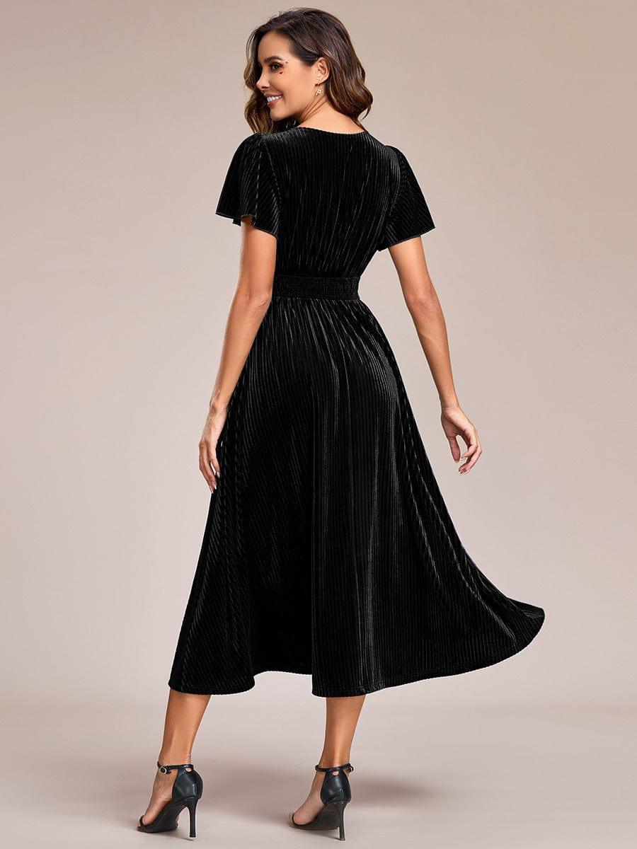 V-Neck Waist Pleated Design Short Sleeves Fall Velvet Midi Evening Dress #color_Black