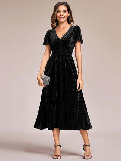 ever AZALEA|V-Neck Waist Pleated Design Short Sleeves Fall Velvet Midi Evening Dress