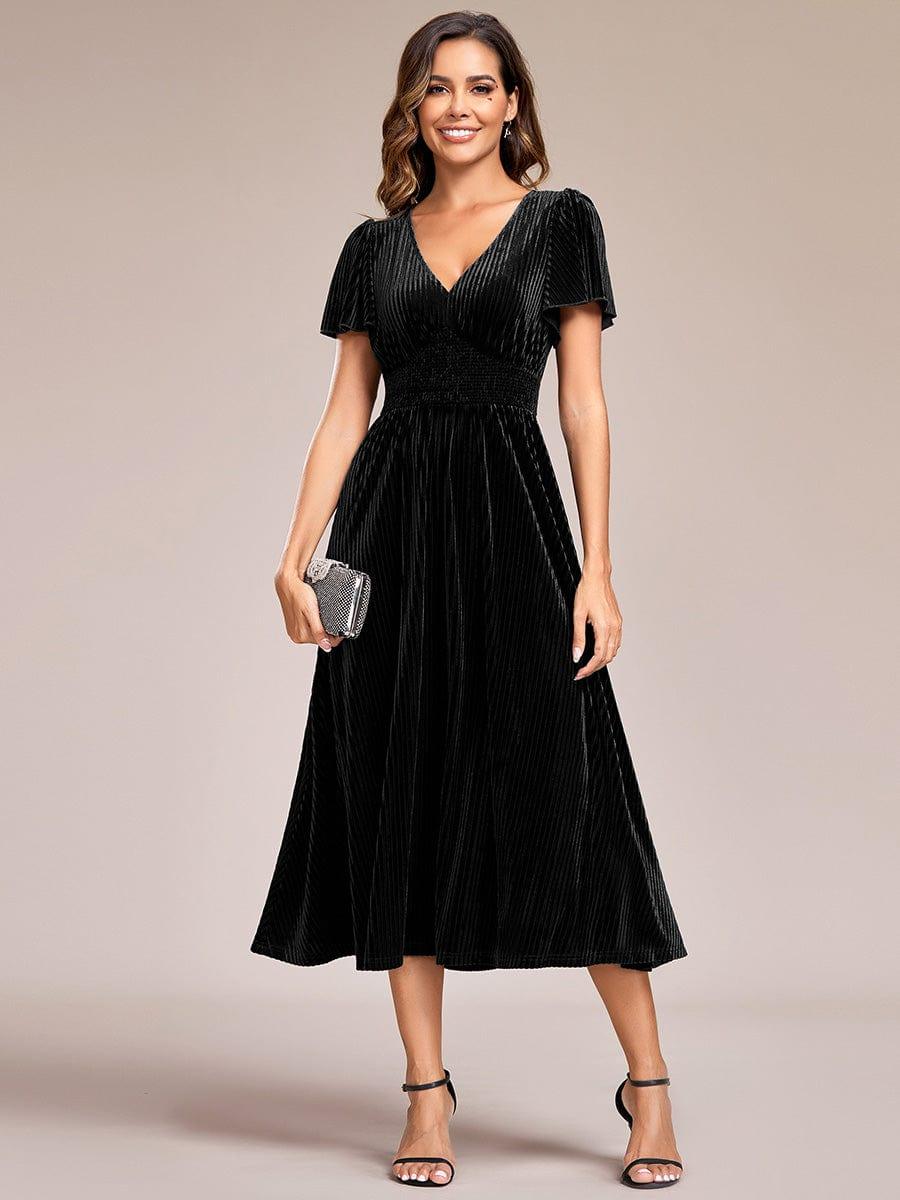 Graceful V-Neck Waist Design Short Sleeves Fall Velvet Midi Wedding Guest Dress #color_Black