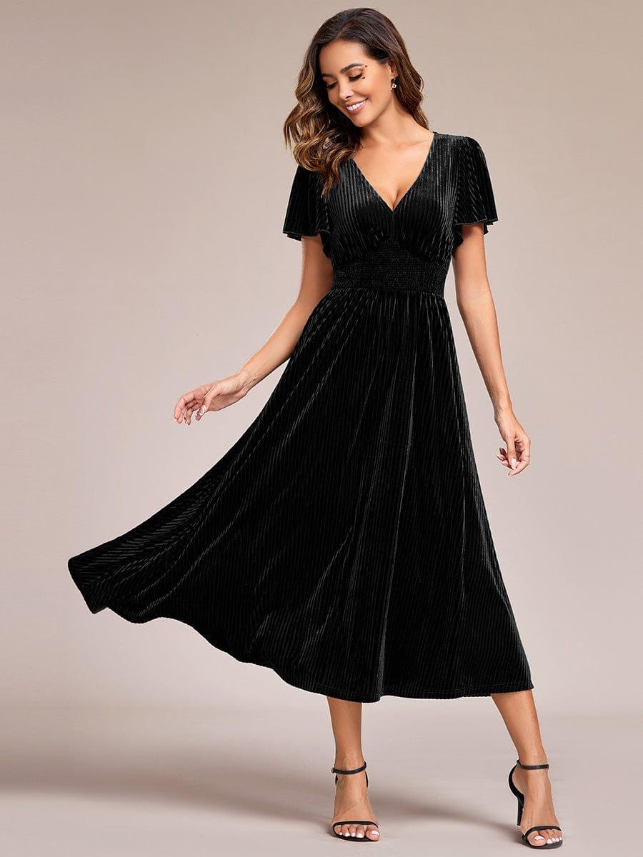 V-Neck Waist Pleated Design Short Sleeves Fall Velvet Midi Evening Dress #color_Black