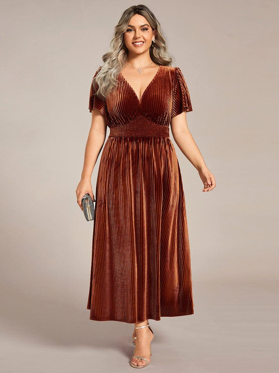 pretty AZALEA|Plus Size A-line V-Neck Short Sleeve Pleated Velvet Fall Wedding Guest Dress