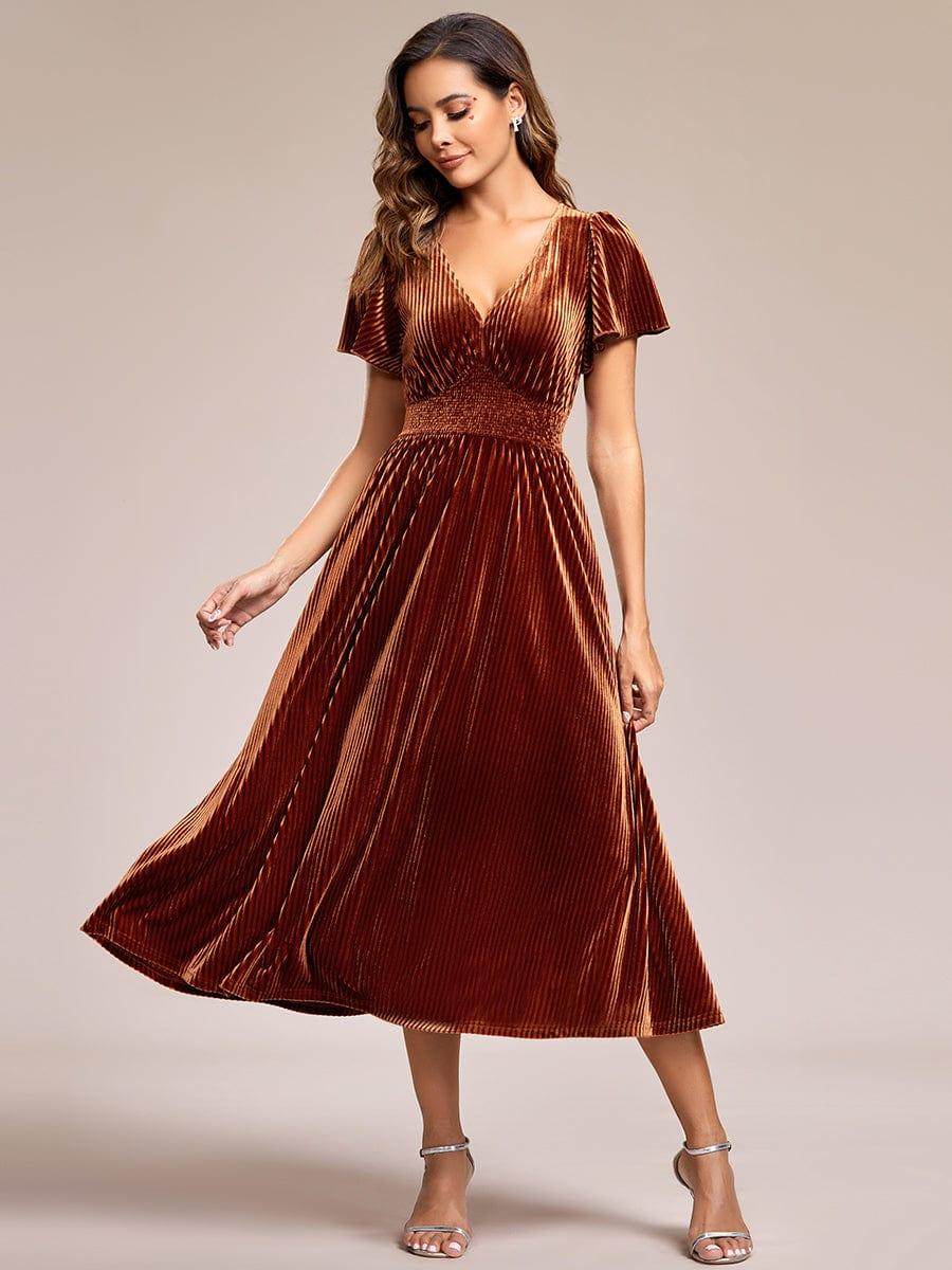 V-Neck Waist Pleated Design Short Sleeves Fall Velvet Midi Evening Dress #color_Caramel