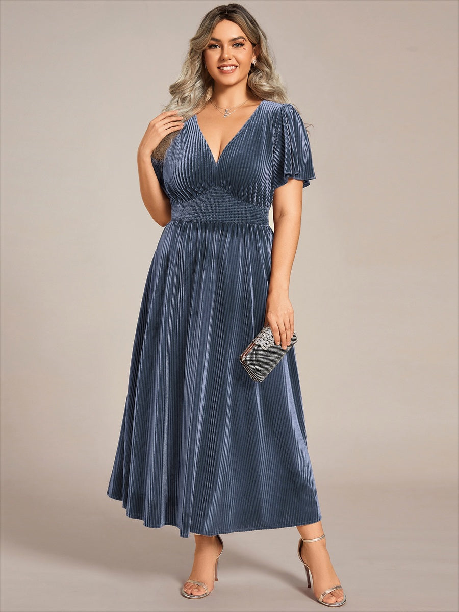 V-Neck Waist Pleated Design Short Sleeves Fall Velvet Midi Evening Dress #color_Dusty Blue