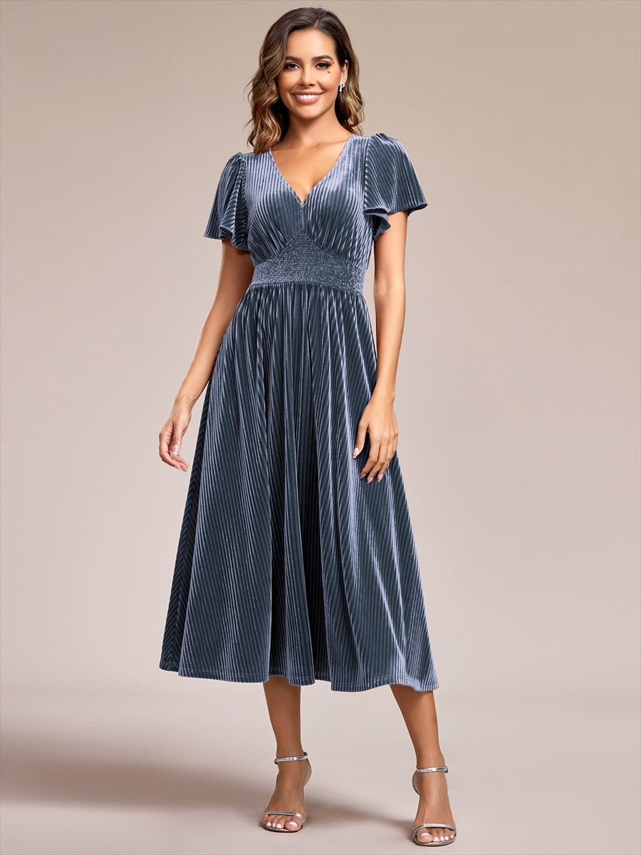 V-Neck Waist Pleated Design Short Sleeves Fall Velvet Midi Evening Dress #color_Dusty Blue