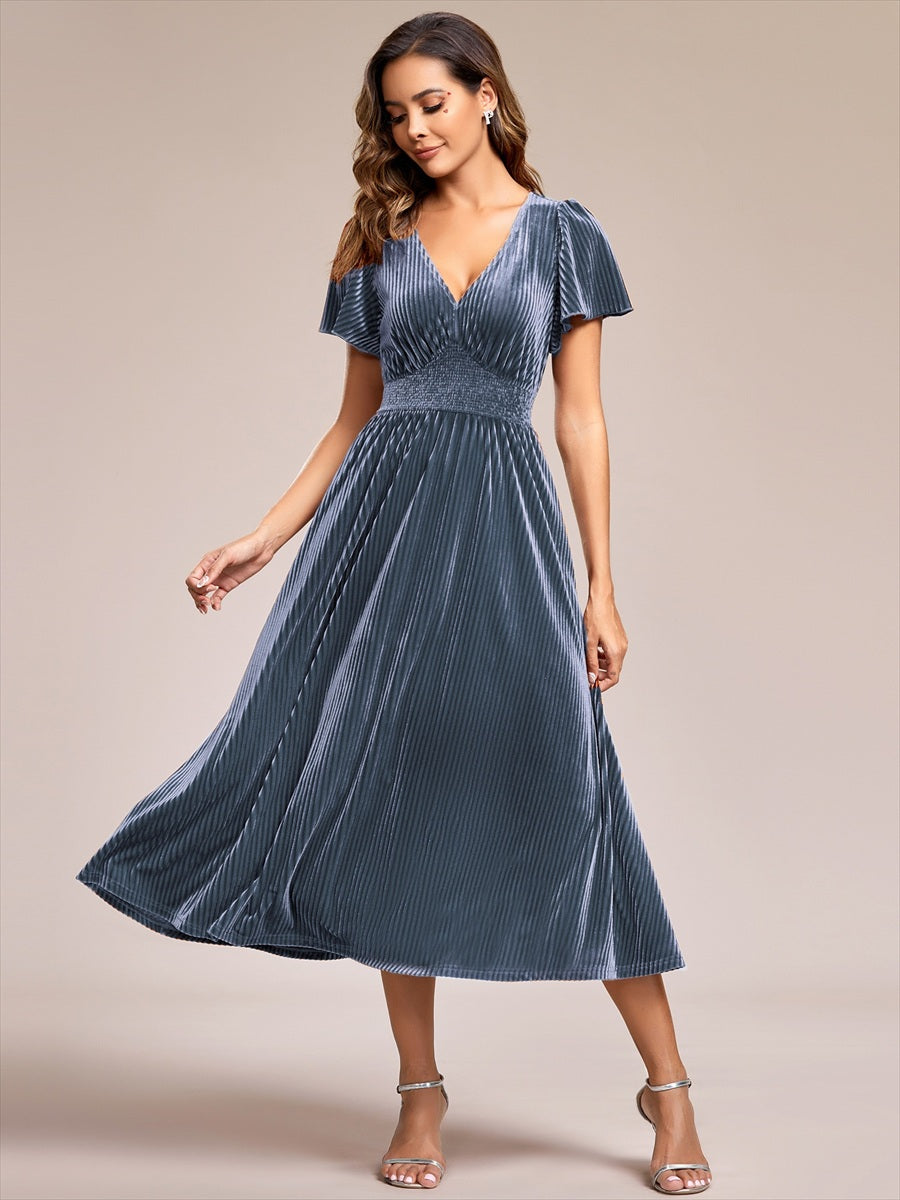 V-Neck Waist Pleated Design Short Sleeves Fall Velvet Midi Evening Dress #color_Dusty Blue