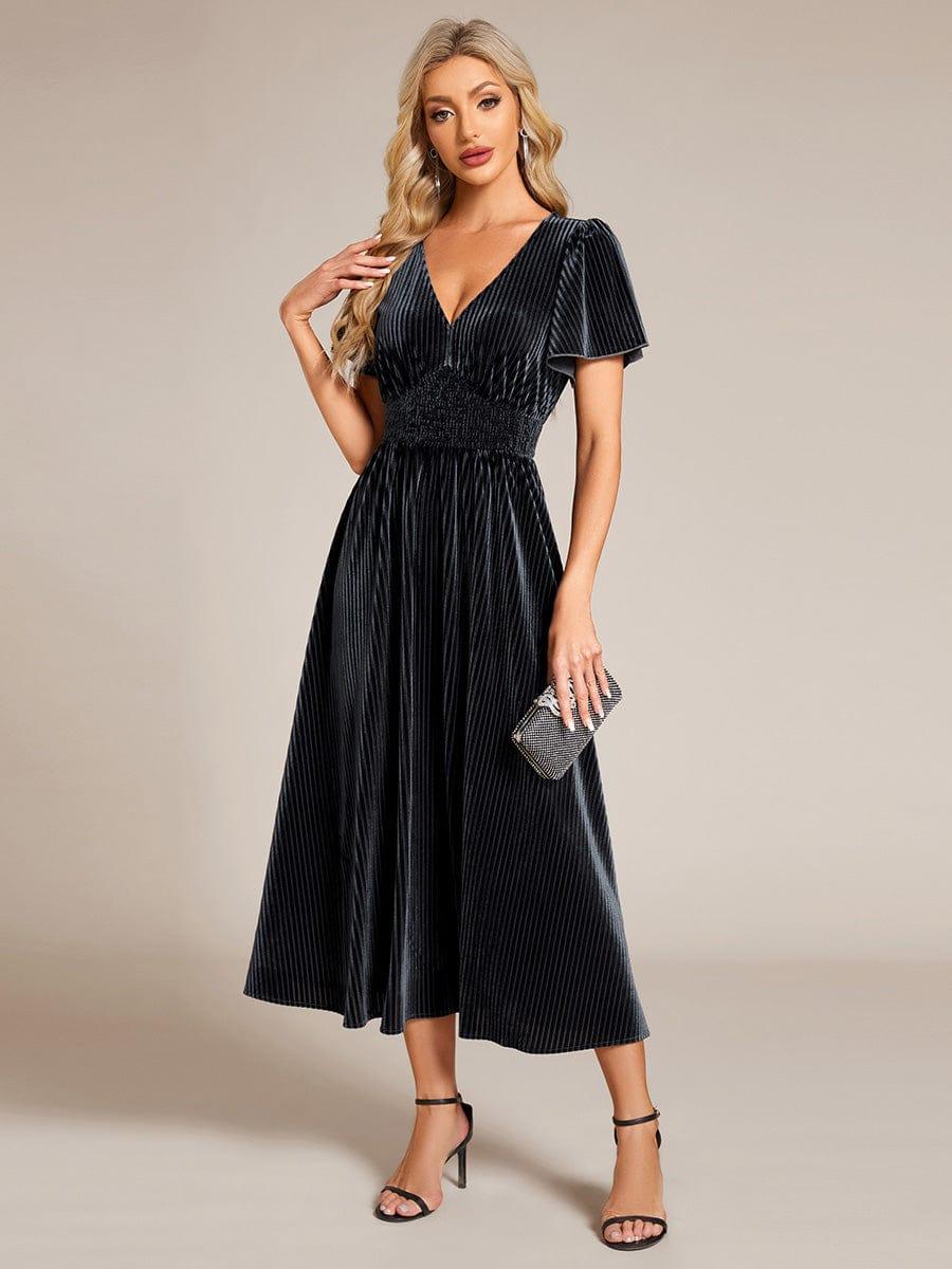 V-Neck Waist Pleated Design Short Sleeves Fall Velvet Midi Evening Dress #color_Grey Blue