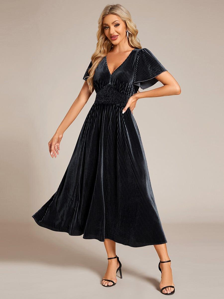 V-Neck Waist Pleated Design Short Sleeves Fall Velvet Midi Evening Dress #color_Grey Blue