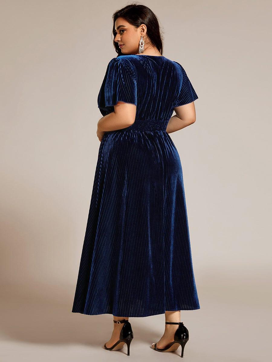 Graceful V-Neck Waist Design Short Sleeves Fall Velvet Midi Wedding Guest Dress #color_Navy Blue