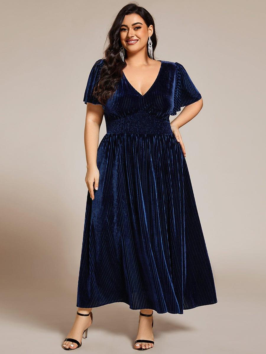 V-Neck Waist Pleated Design Short Sleeves Fall Velvet Midi Evening Dress #color_Navy Blue