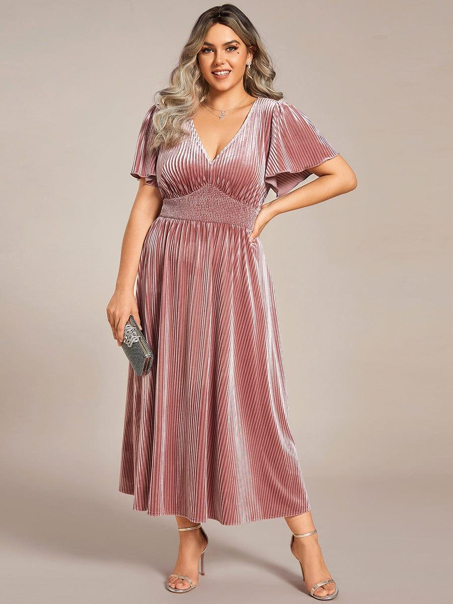 V-Neck Waist Pleated Design Short Sleeves Fall Velvet Midi Evening Dress #color_Purple Orchid