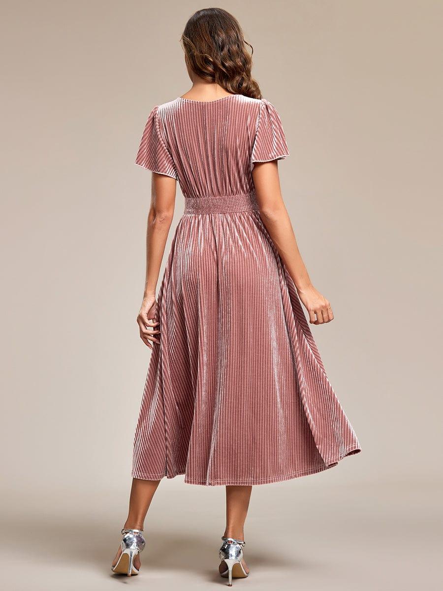 V-Neck Waist Pleated Design Short Sleeves Fall Velvet Midi Evening Dress #color_Purple Orchid