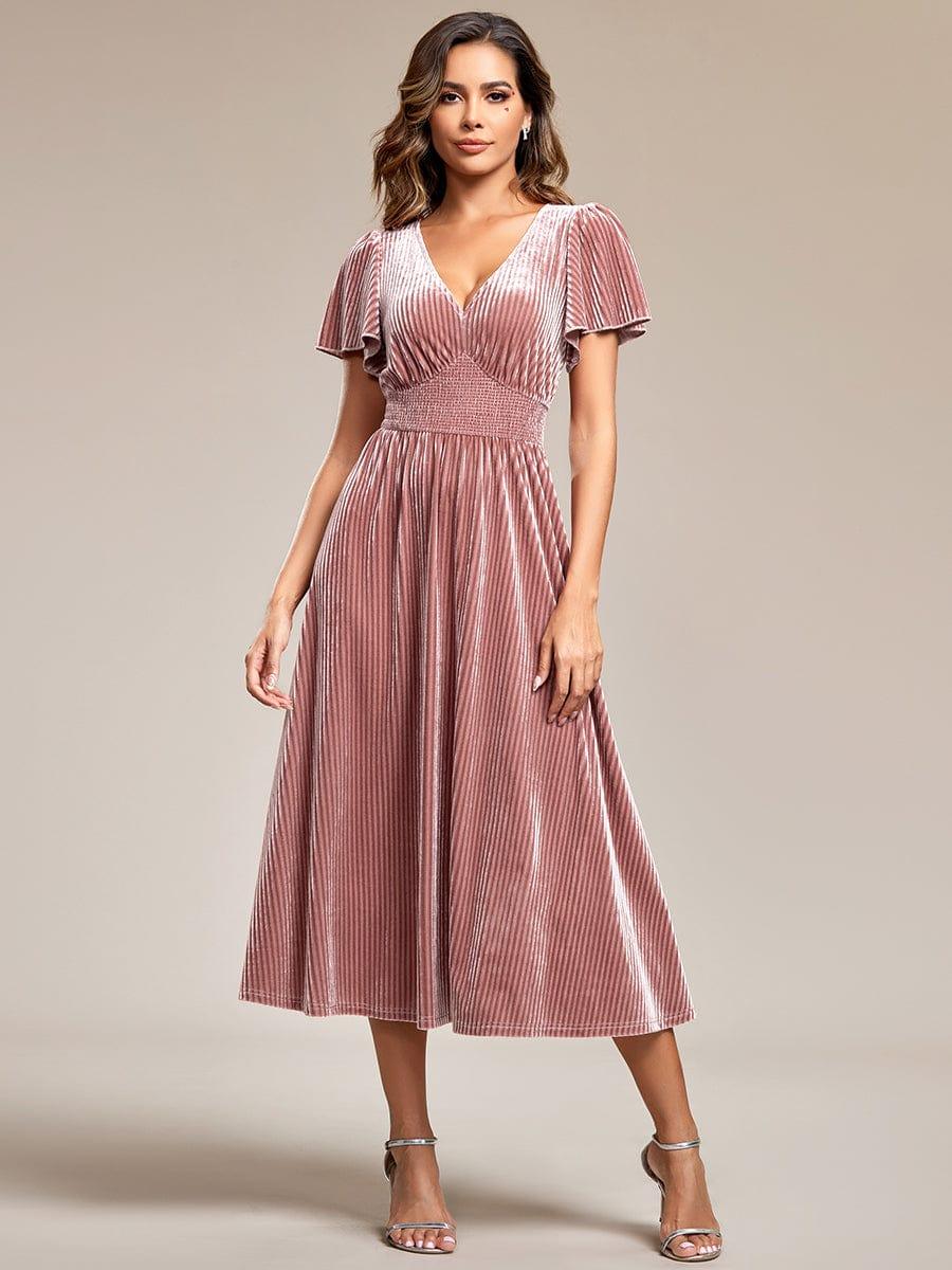 V-Neck Waist Pleated Design Short Sleeves Fall Velvet Midi Evening Dress #color_Purple Orchid