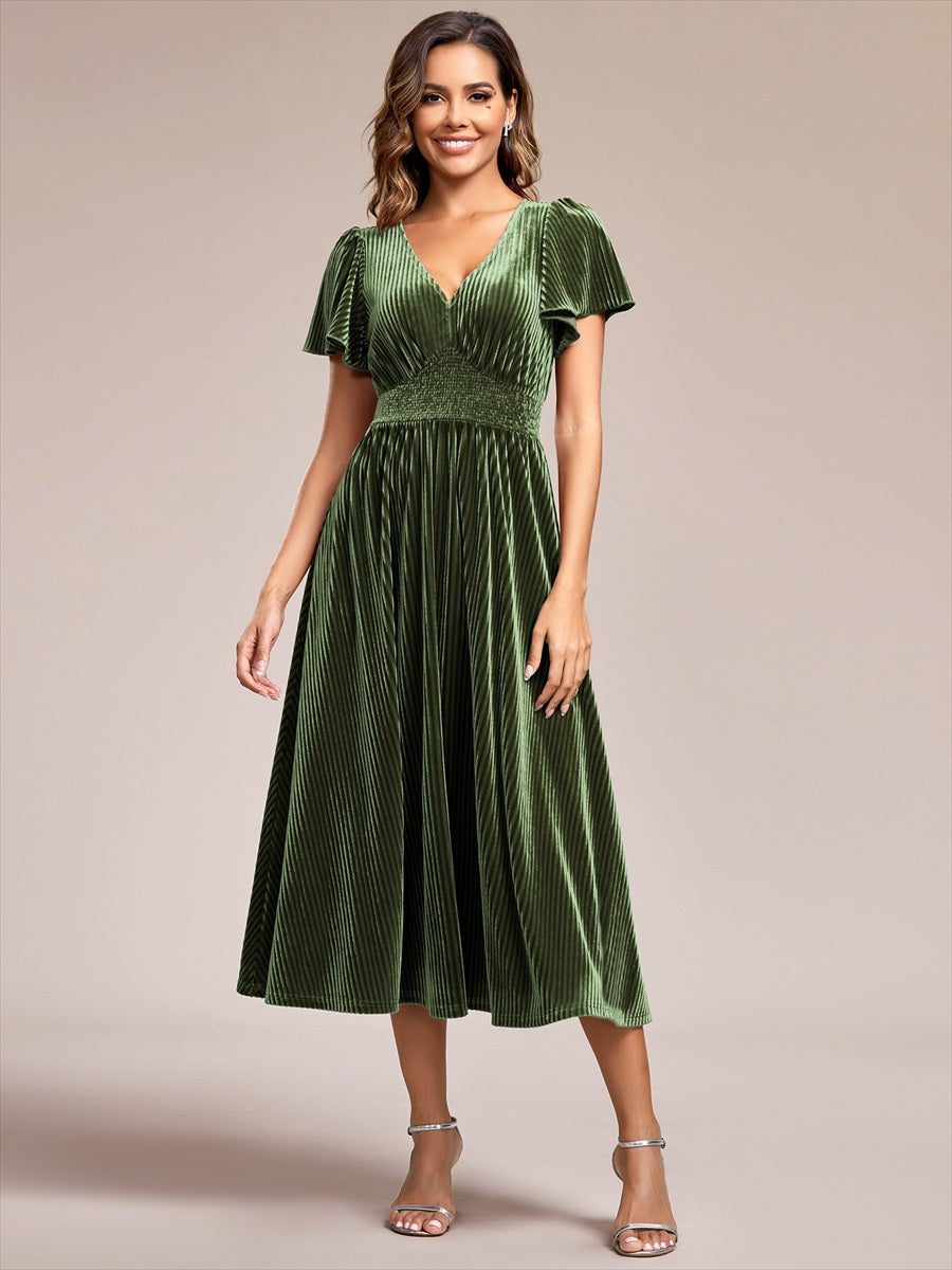 V-Neck Waist Pleated Design Short Sleeves Fall Velvet Midi Evening Dress #color_Olive Green