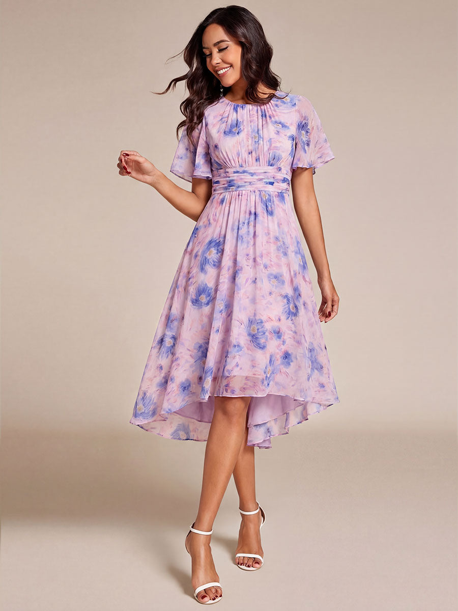 Chic A-Line Pleated Knee-Length Flowy Chiffon Wedding Guest Dress #color_Azure Bream