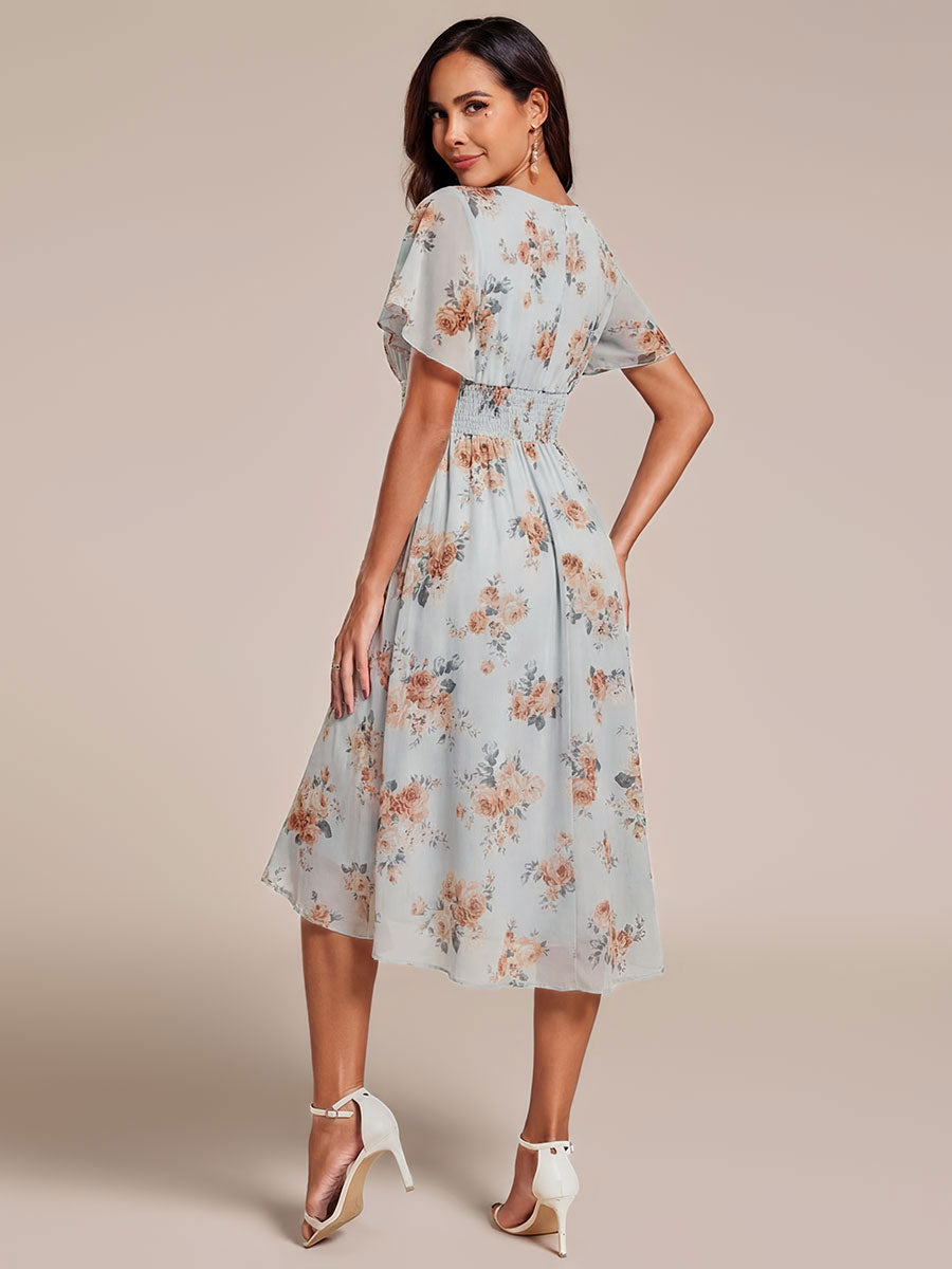 Chic A-Line Pleated Knee-Length Flowy Chiffon Wedding Guest Dress #color_Amber Bloom