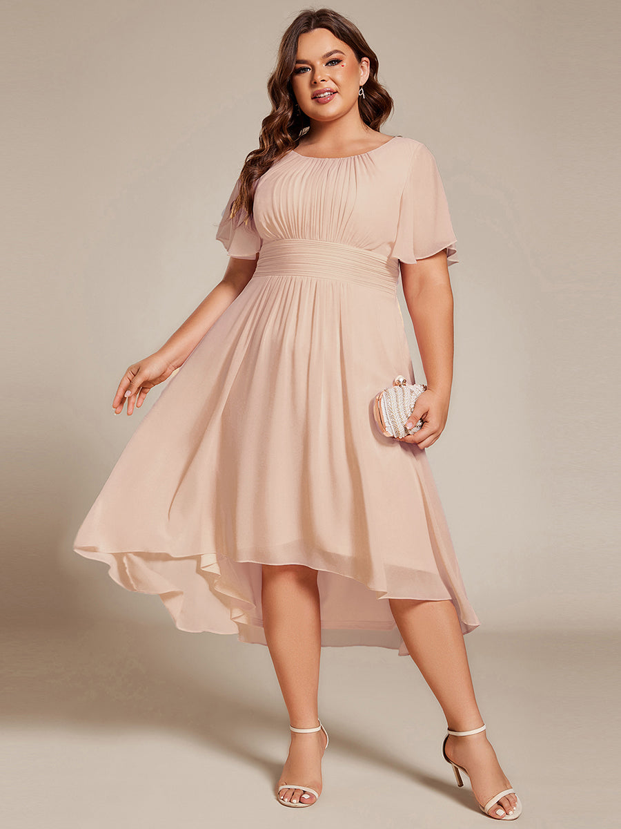 Plus Size Pleated Round Neckline A-Line Midi Chiffon Wedding Guest Dress #color_Blush