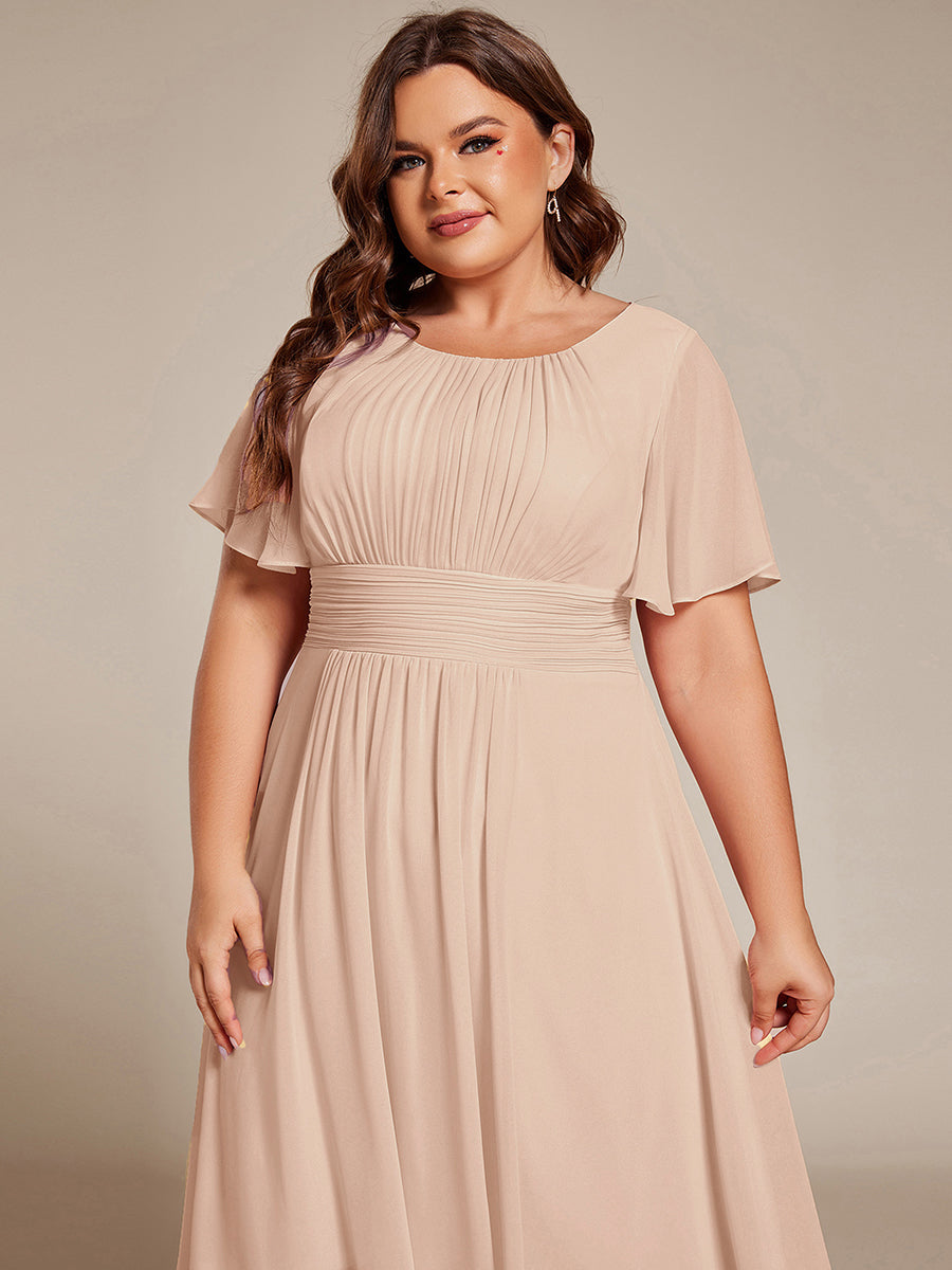 Plus Size Pleated Round Neckline A-Line Midi Chiffon Wedding Guest Dress #color_Blush