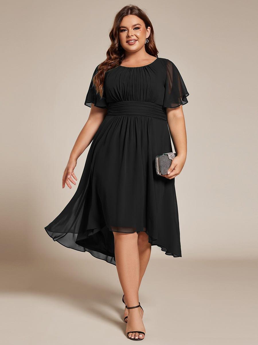 Plus Size Pleated Round Neckline A-Line Midi Chiffon Wedding Guest Dress #color_Black