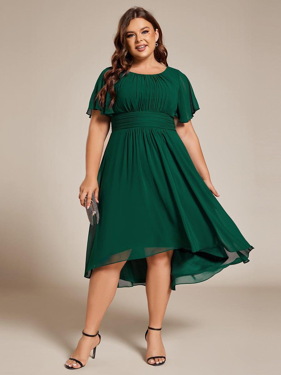 Flowy Chiffon Round Neckline A-Line Knee Length Bridesmaid Dress #color_Dark Green