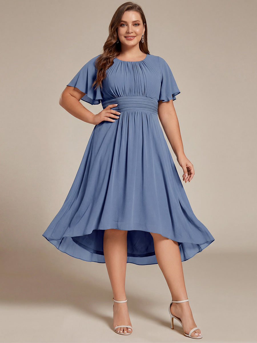 Plus Size Pleated Round Neckline A-Line Midi Chiffon Wedding Guest Dress #color_Dusty Blue