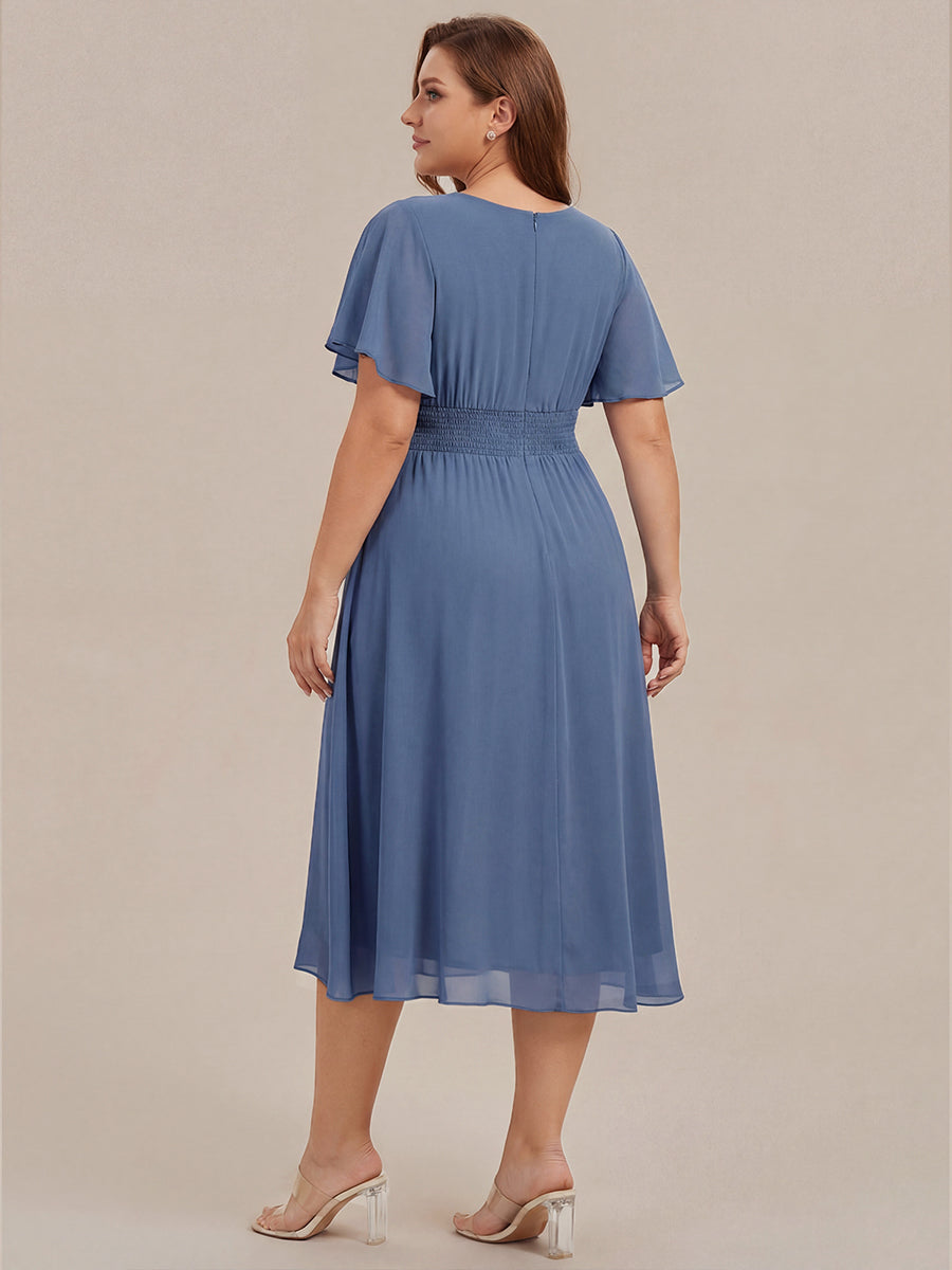 Plus Size Pleated Round Neckline A-Line Midi Chiffon Wedding Guest Dress #color_Dusty Blue