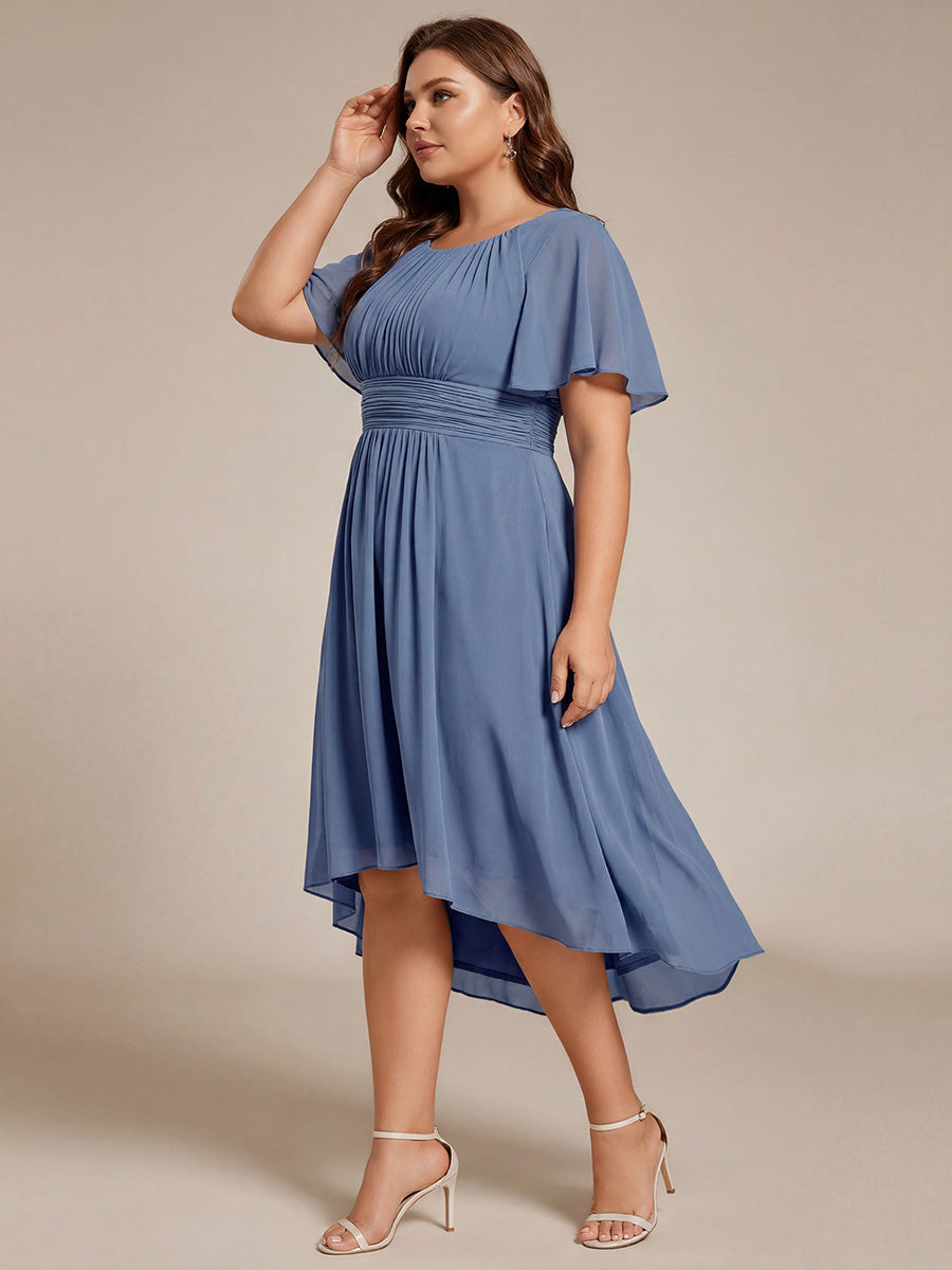 Plus Size Pleated Round Neckline A-Line Midi Chiffon Wedding Guest Dress #color_Dusty Blue