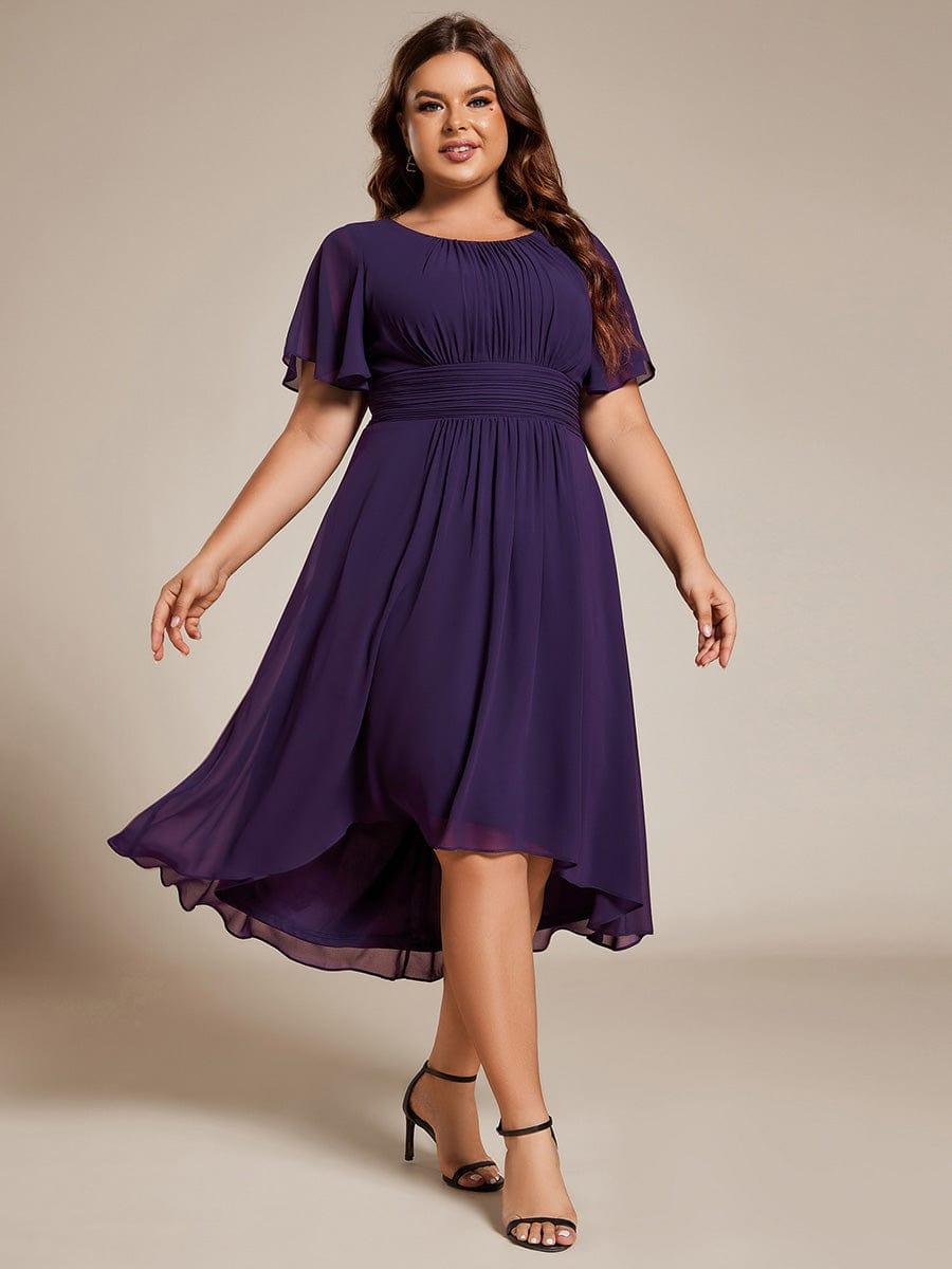 Flowy Chiffon Round Neckline A-Line Knee Length Bridesmaid Dress #color_Dark Purple