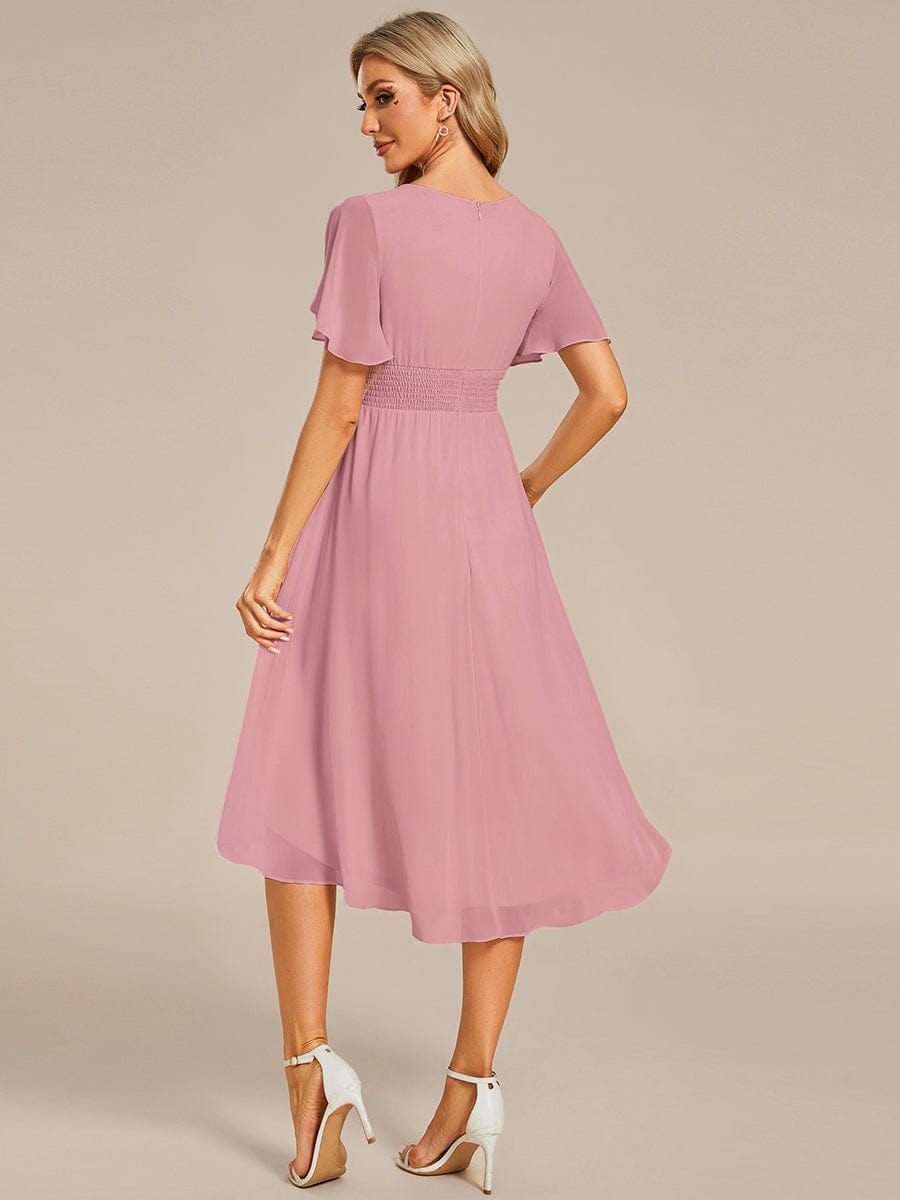 Flowy Chiffon Round Neckline A-Line Knee Length Wedding Guest Dress #color_Eucalyptus ever EDEN|Flowy Chiffon Round Neckline A-Line Knee Length Wedding Guest Dress