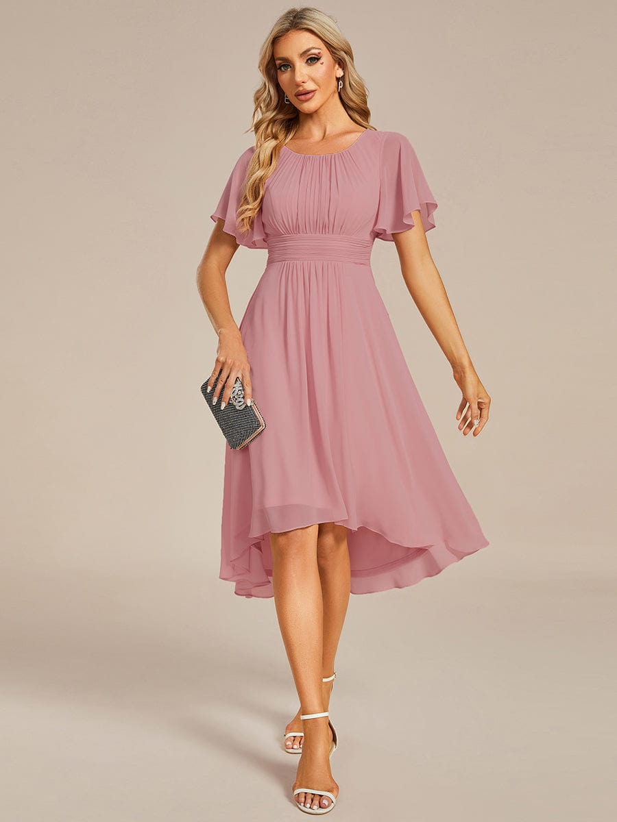 Flowy Chiffon Round Neckline A-Line Knee Length Bridesmaid Dress #color_Dusty Rose