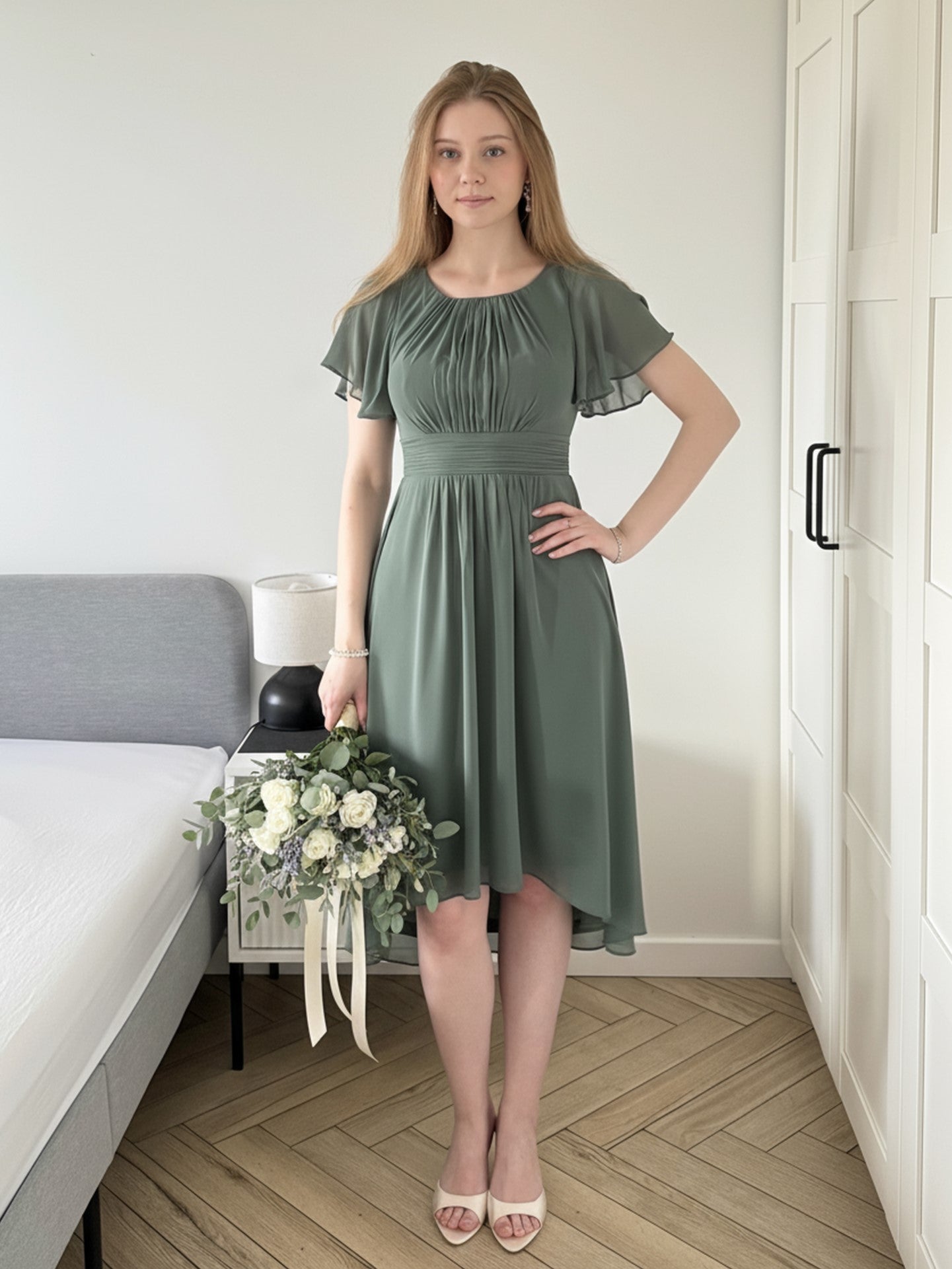 Flowy Chiffon Round Neckline A-Line Knee Length Bridesmaid Dress #color_Eucalyptus