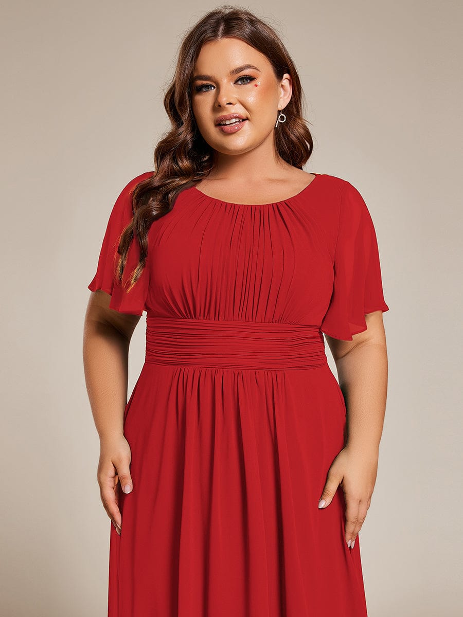Flowy Chiffon Round Neckline A-Line Knee Length Bridesmaid Dress #color_Red