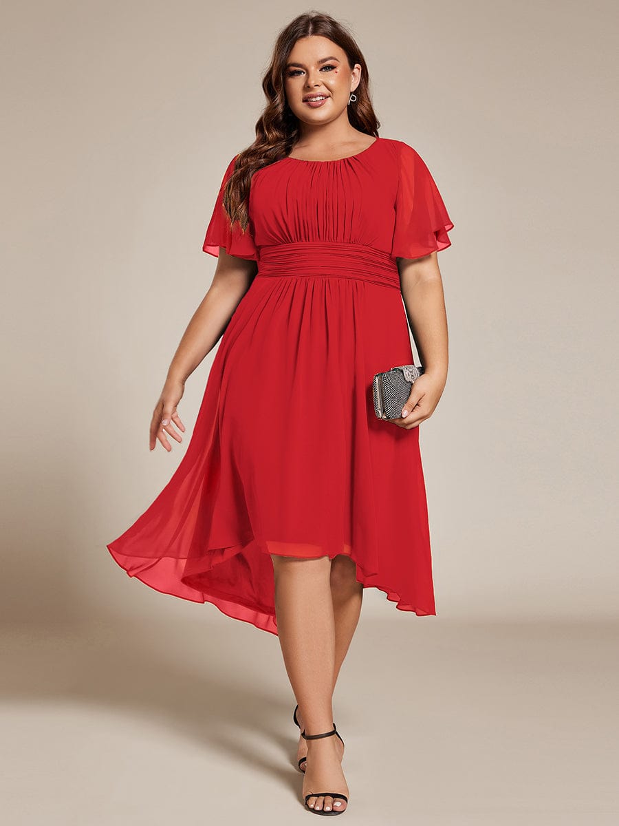 Flowy Chiffon Round Neckline A-Line Knee Length Bridesmaid Dress #color_Red