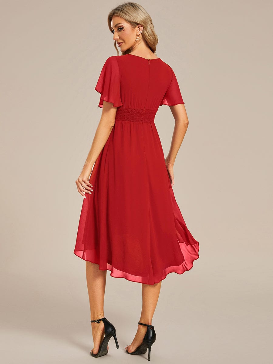 Flowy Chiffon Round Neckline A-Line Knee Length Bridesmaid Dress #color_Red