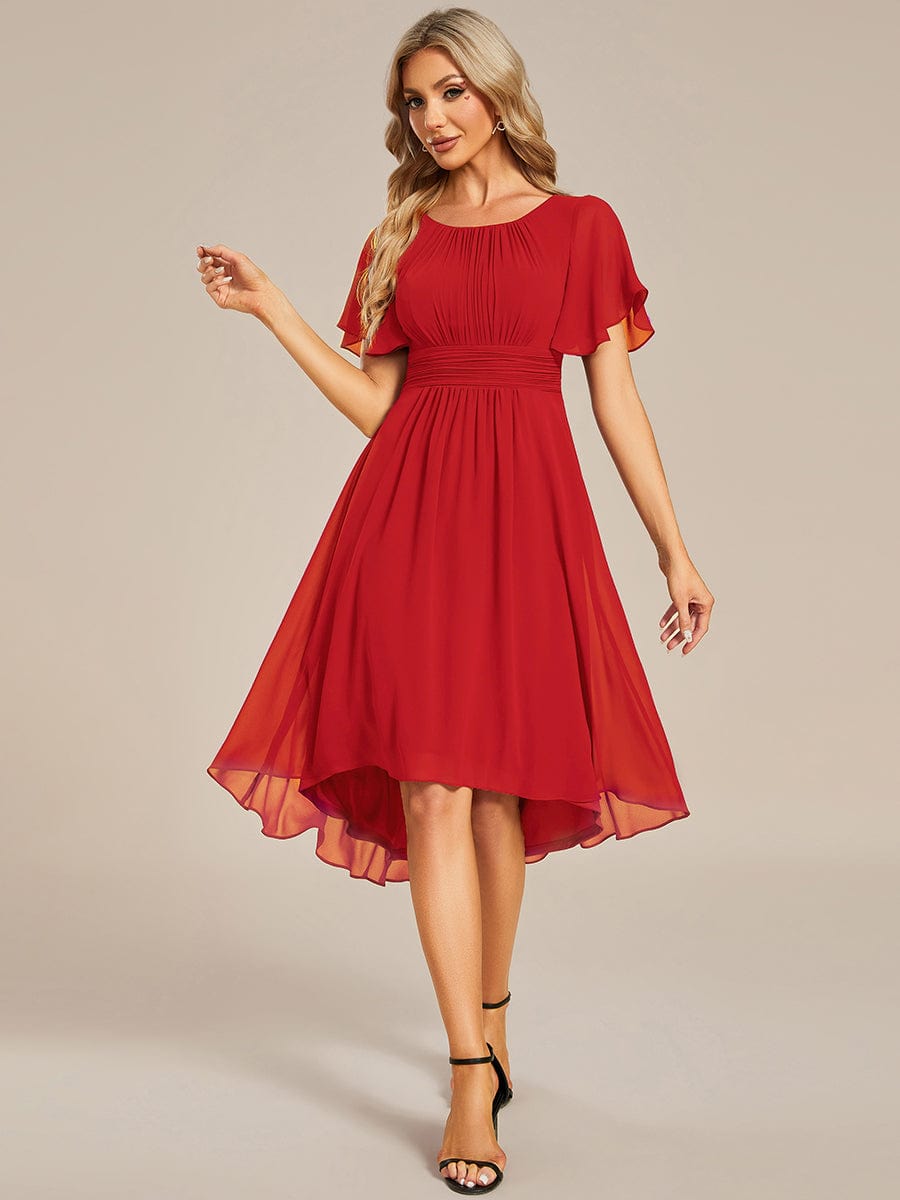 Flowy Chiffon Round Neckline A-Line Knee Length Bridesmaid Dress #color_Red