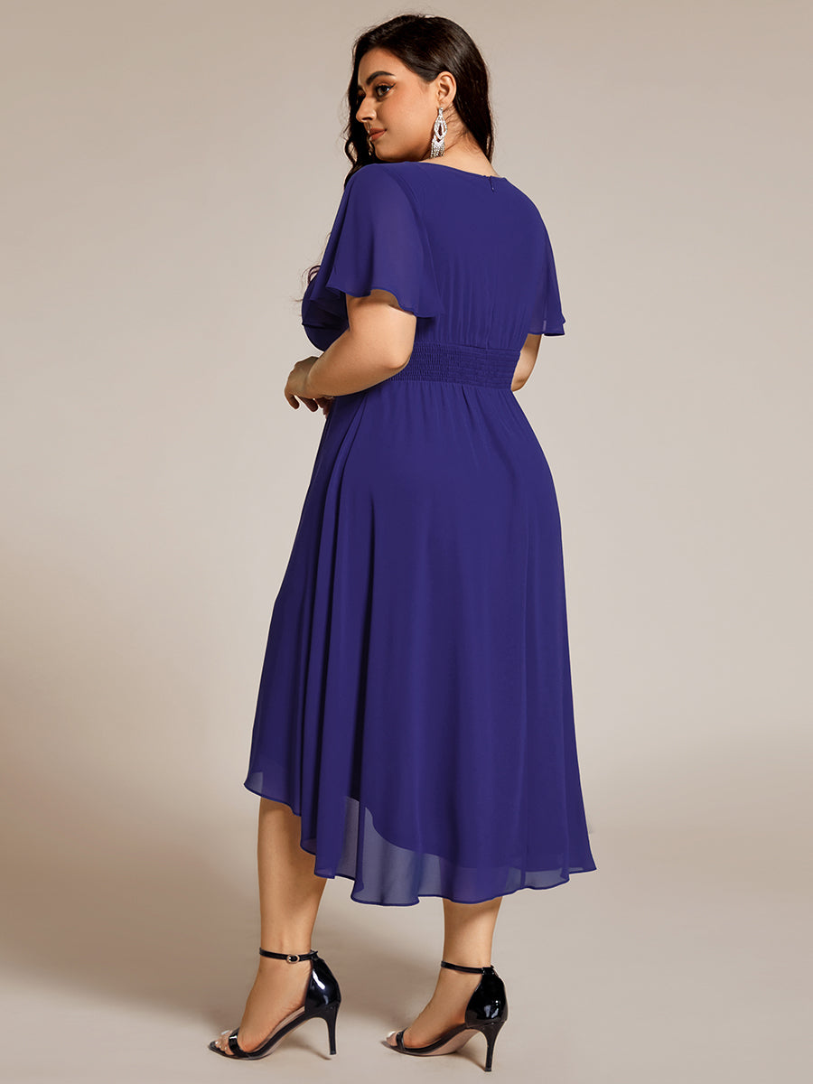 Plus Size Pleated Round Neckline A-Line Midi Chiffon Wedding Guest Dress #color_Sapphire Blue