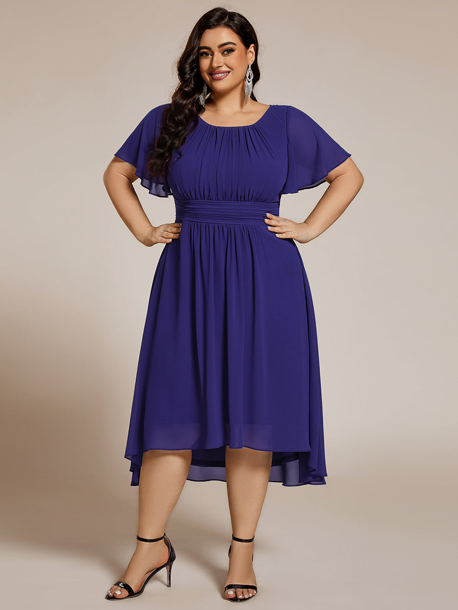 Plus Size Pleated Round Neckline A-Line Midi Chiffon Wedding Guest Dress #color_Sapphire Blue