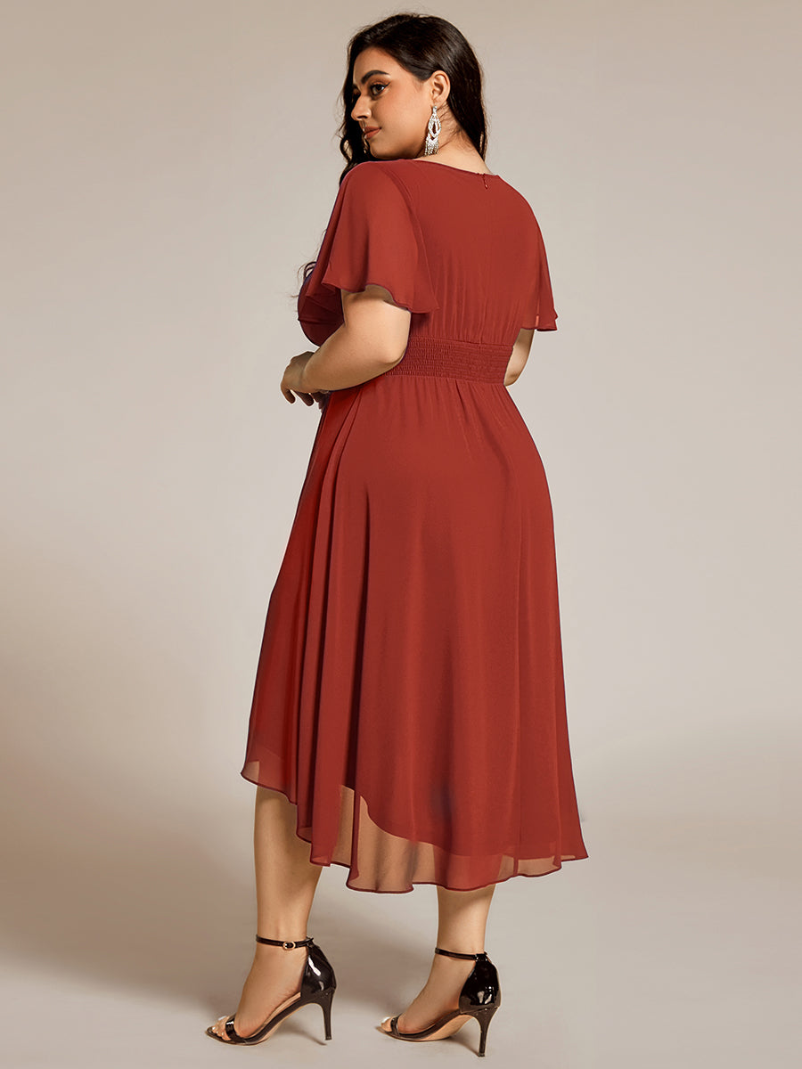 Plus Size Pleated Round Neckline A-Line Midi Chiffon Wedding Guest Dress #color_Vermilion