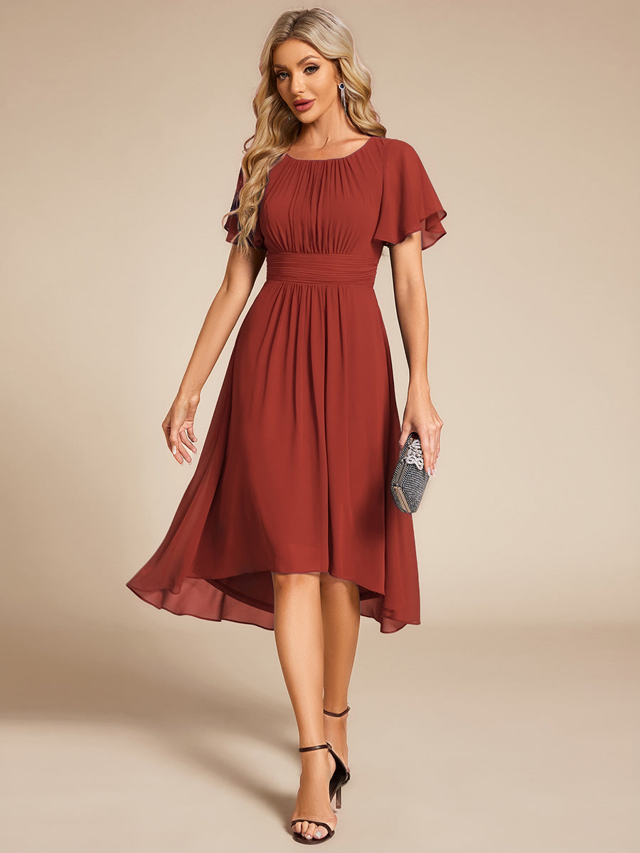 Chic A-Line Pleated Knee-Length Flowy Chiffon Wedding Guest Dress #color_Vermilion