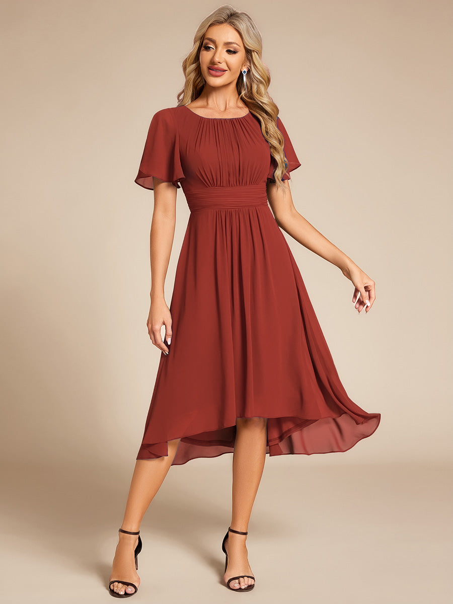 Chic A-Line Pleated Knee-Length Flowy Chiffon Wedding Guest Dress #color_Vermilion
