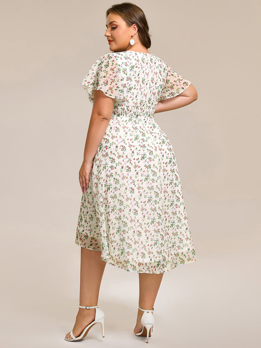 Flowy Chiffon Round Neckline A-Line Knee Length Bridesmaid Dress #color_White Floral