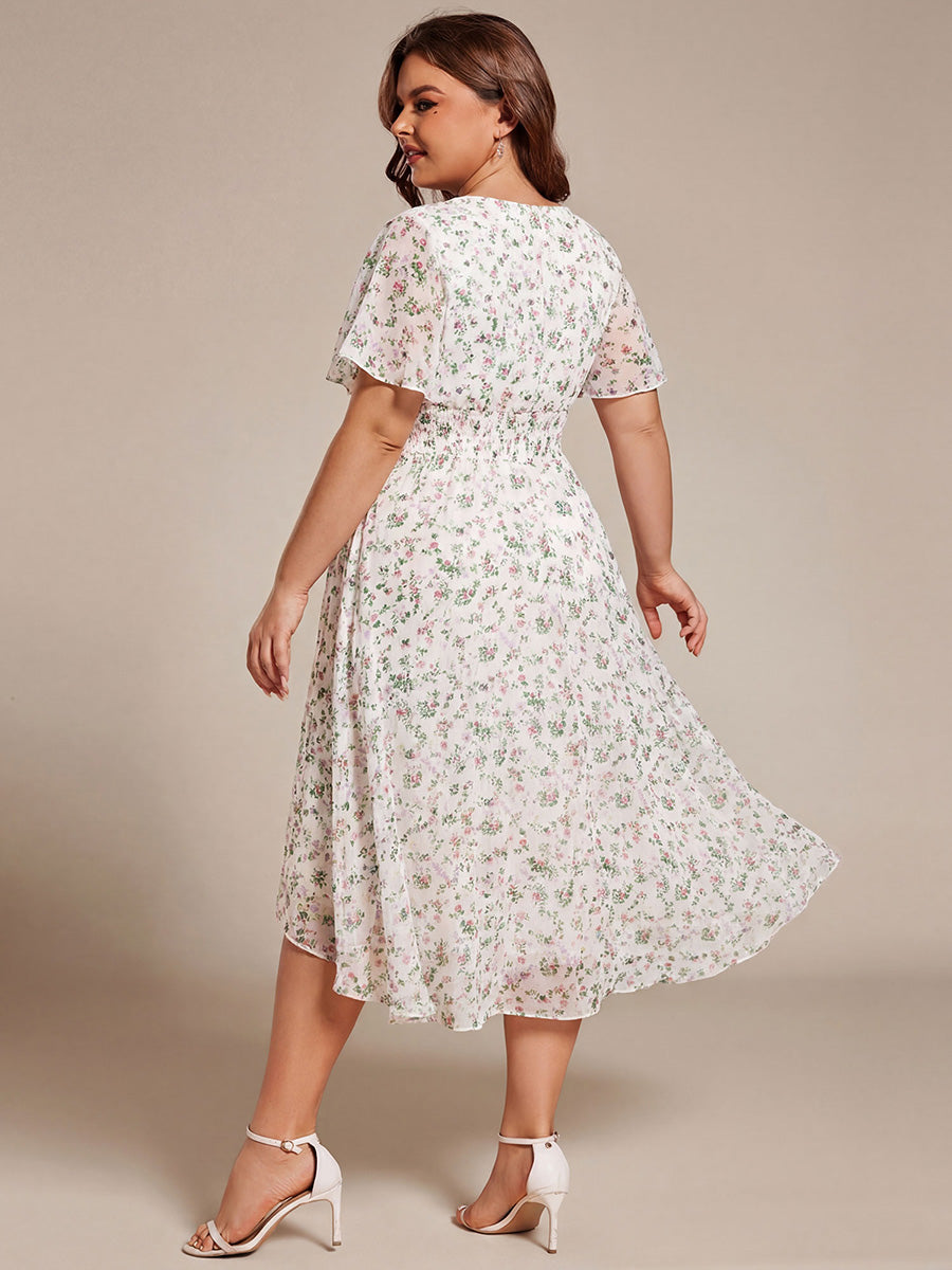 Chic A-Line Pleated Knee-Length Flowy Chiffon Wedding Guest Dress #color_White Floral