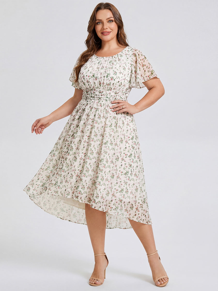Plus Size Pleated Round Neckline A-Line Midi Chiffon Wedding Guest Dress #color_White Floral
